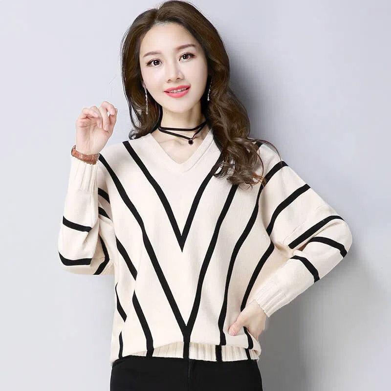 Autumn Bat Shirt Sweater Women's Pullover Loose Korean Style Striped Top Outer Wear Knitted Bottoming Shirt
