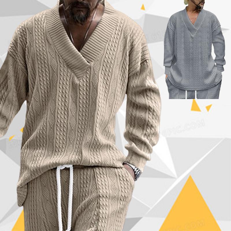 Осень-зима Cross Border Повседневный жаккардовый трикотаж Мужская весенне-осенняя свободная футболка с длинным рукавом Мужские пуловеры с V-образным вырезом Топы