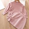 Girls Autumn and Winter Clothing 2-piece Set Bow Tie Long Sleeved Sweater Set Sweatshirt+Skirt Set Childrens Clothing