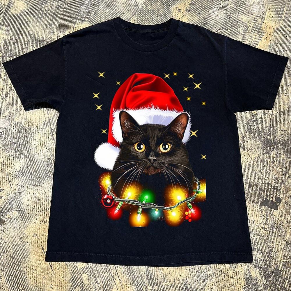 Black Cat Santa Hat Christmas Lights T Shirt S5XL Unisex T-Shirt