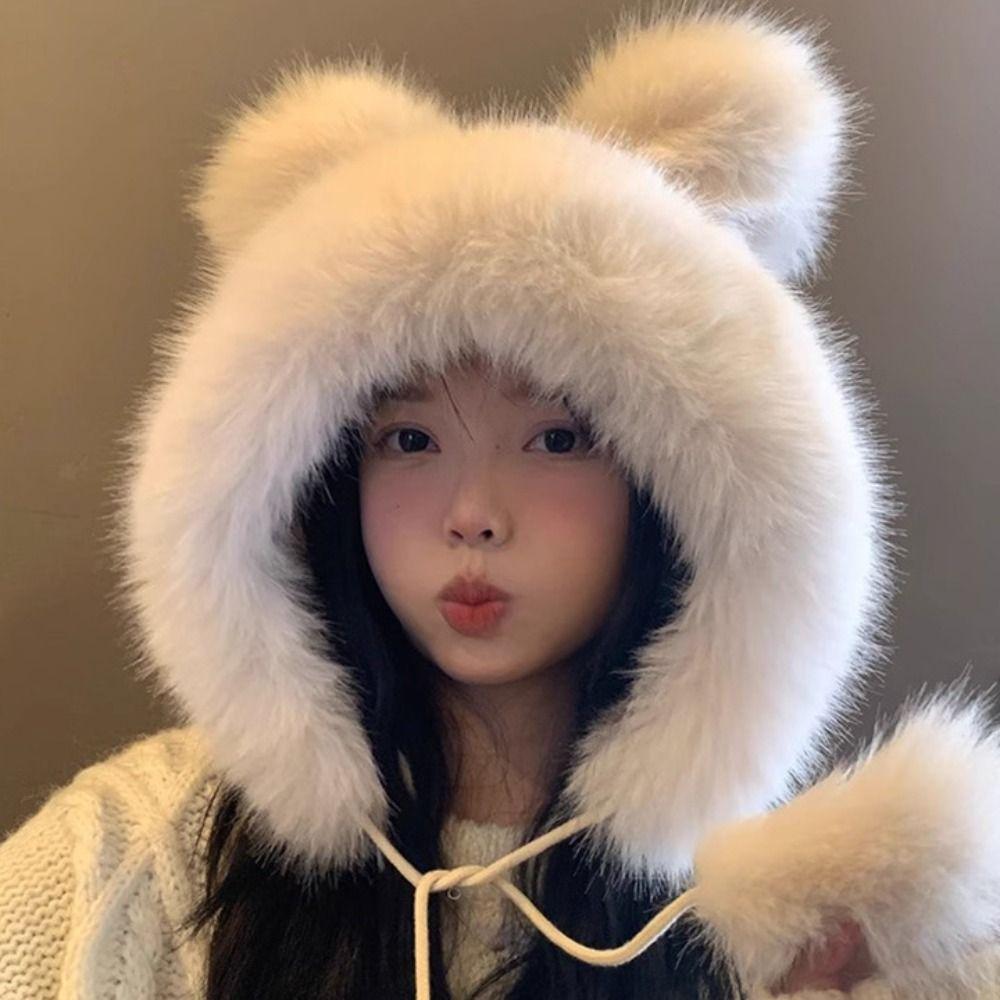 Утолщенная милая шапка с ушками медведя, теплая женская пушистая шапка, модная панама из искусственного меха, для девочек