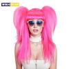 Rose Red Double Ponytail Long Straight Synthetic Wig for Women Cosplay Costume Party Gifts