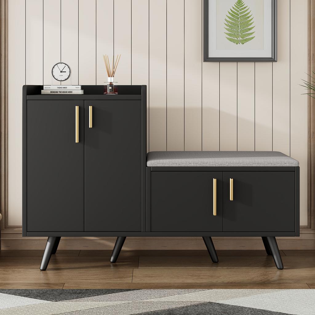 Modern Shoe Bench with Black Walnut Wood, Shoe Cabinet, Equipped with Four Storage Doors, Asymmetric Metal Handles, W120/D34/H82