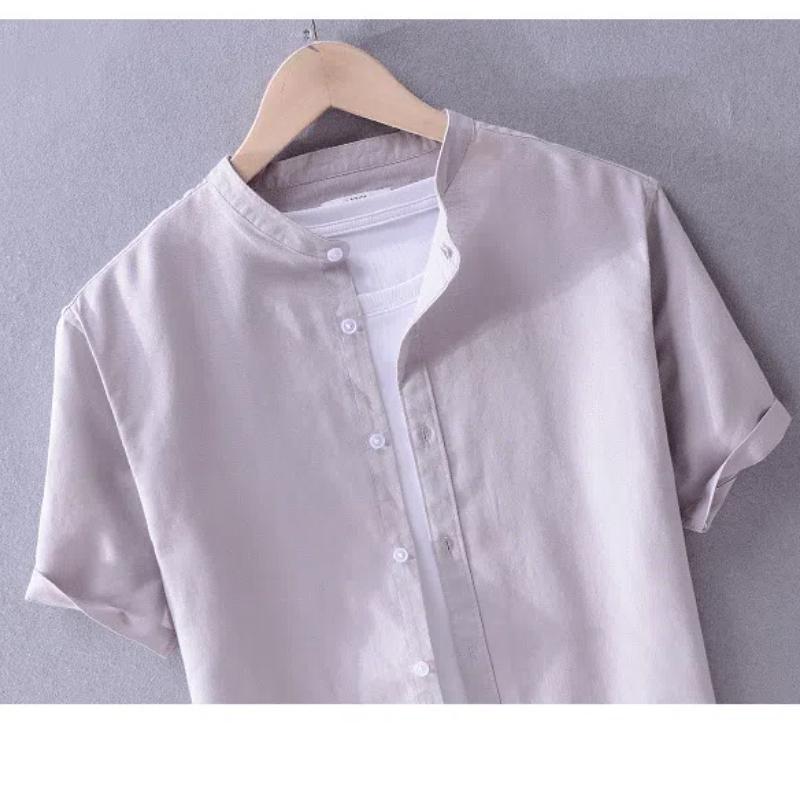 Базовая летняя рубашка для мужчин с воротником-стойкой, однотонная рубашка из хлопка и льна с коротким рукавом, размер 4XL, повседневные топы, пляжные дышащие мужские рубашки