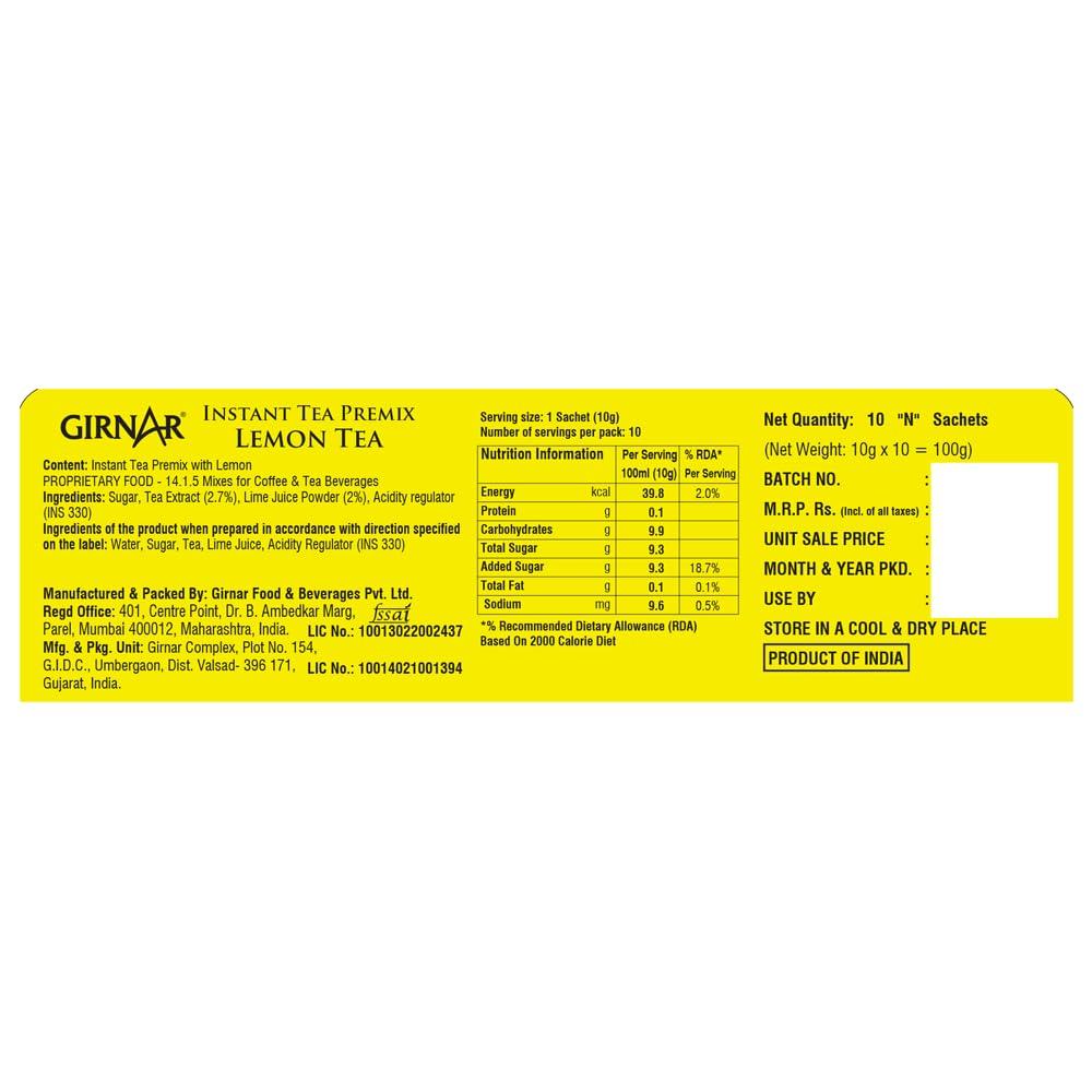 Girnar Instant Premix Lemon Black Tea Granules 10 Sachets 10g Refreshing Citrus Beverage