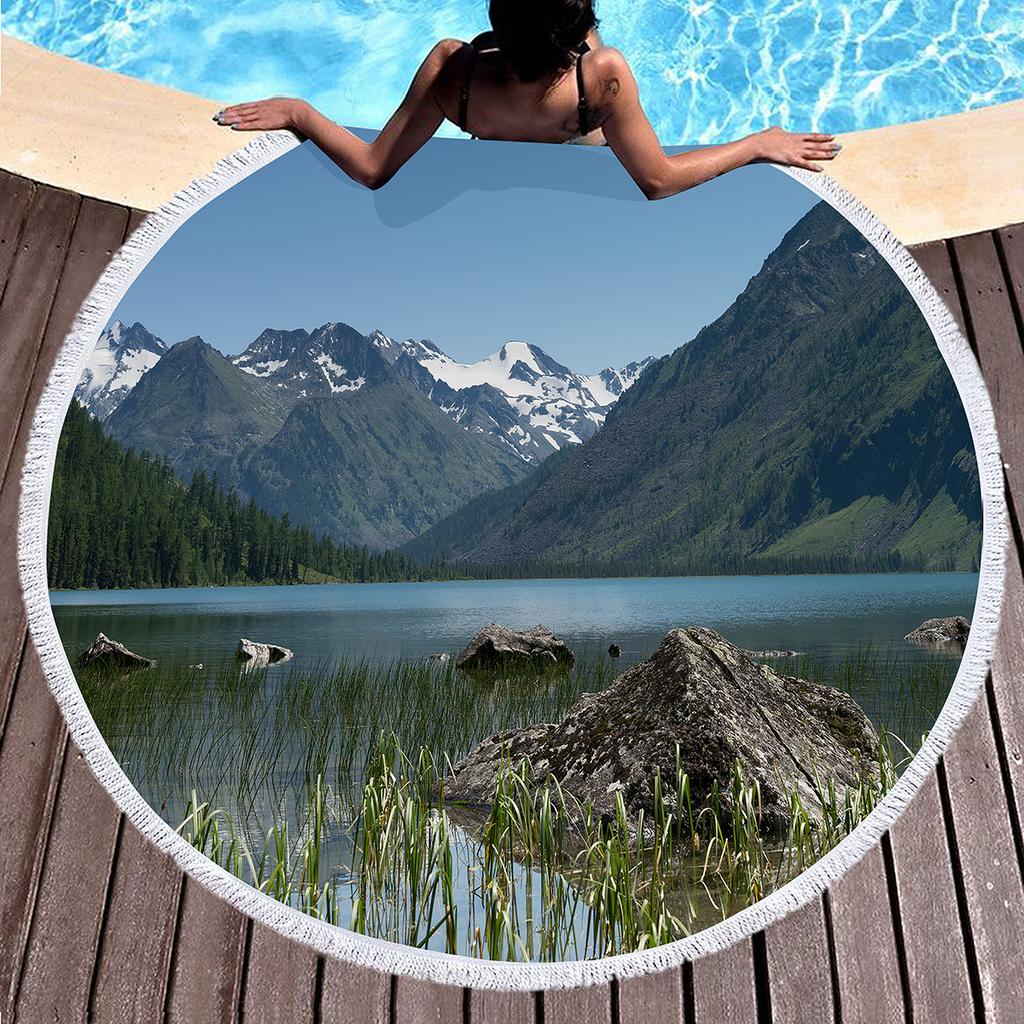 Круглое пляжное полотенце с природным пейзажем Абстрактный горный пейзаж Пляжное покрывало Без песка Быстросохнущее Круглое банное полотенце Мягкий коврик для йоги