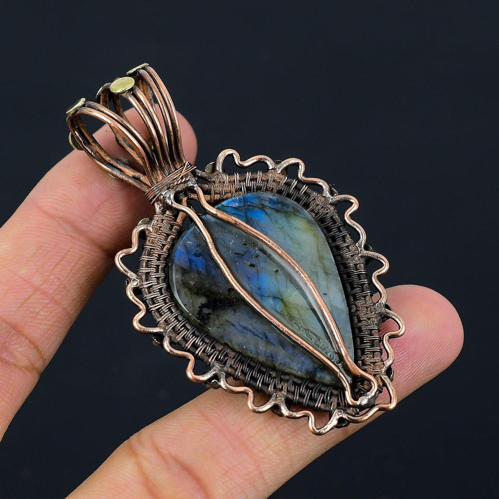Labradorite Gemstone Copper Wire Wrap Handmade Beautiful Pendant Jewelry Gift For Love
