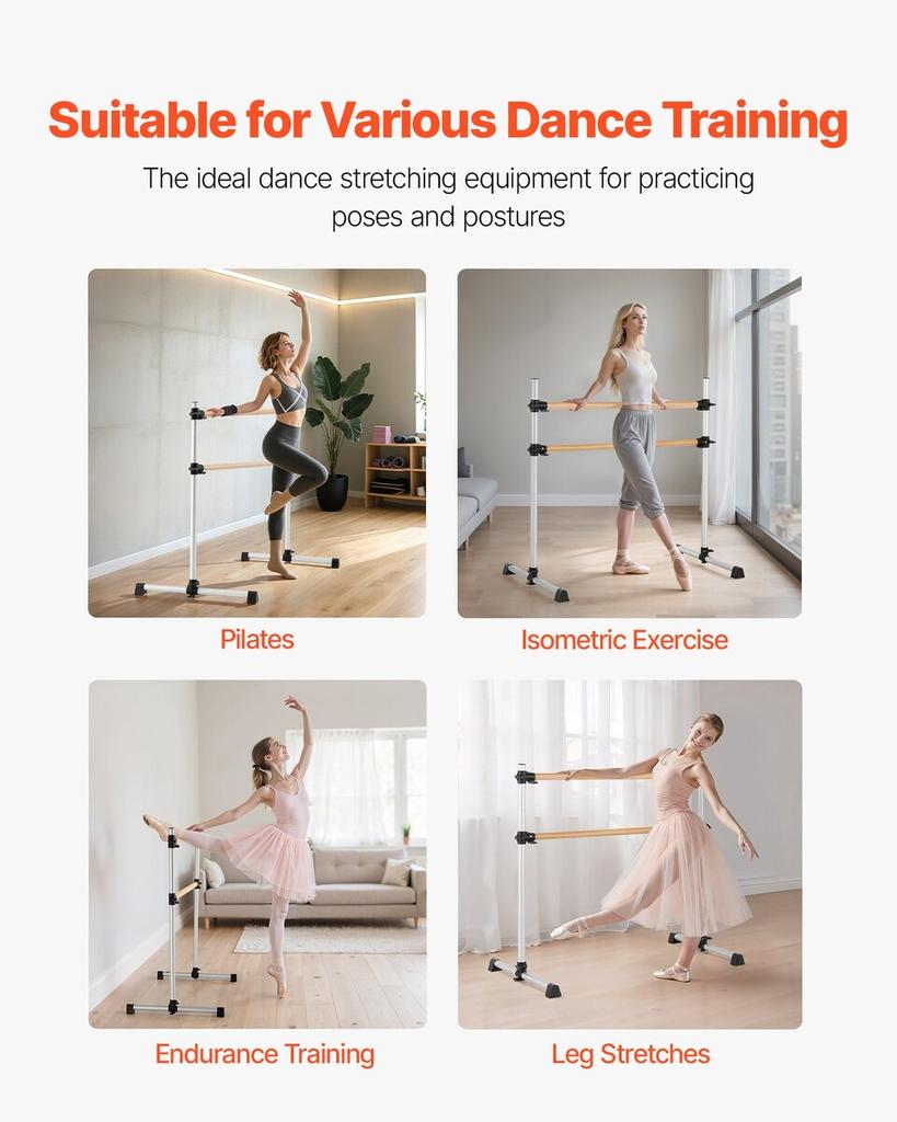 Ballet Barre, Double Beechwood Barre Bar for Home, Freestanding Portable Ballet Stretching Dance Bars, Height Adjustable Anti-Wobble Fitness Gym