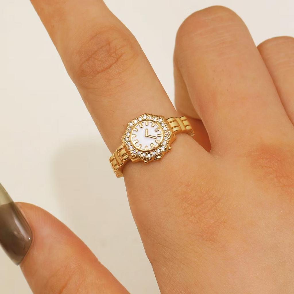 Trendy Creative Micro-inlay Zircon Watch-shaped Opening Rings for Men Women Stainless Steel Couple Finger Designer Jewelry Gifts