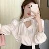 Женская элегантная белая блузка с V-образным вырезом, длинным рукавом и рукавами-фонариками, офисная повседневная рубашка