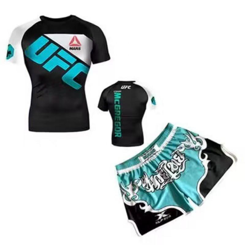 Mens Compression MMA Boxing Training Set Short Sleeve Rash Guard Shorts Combat Sports Fitness