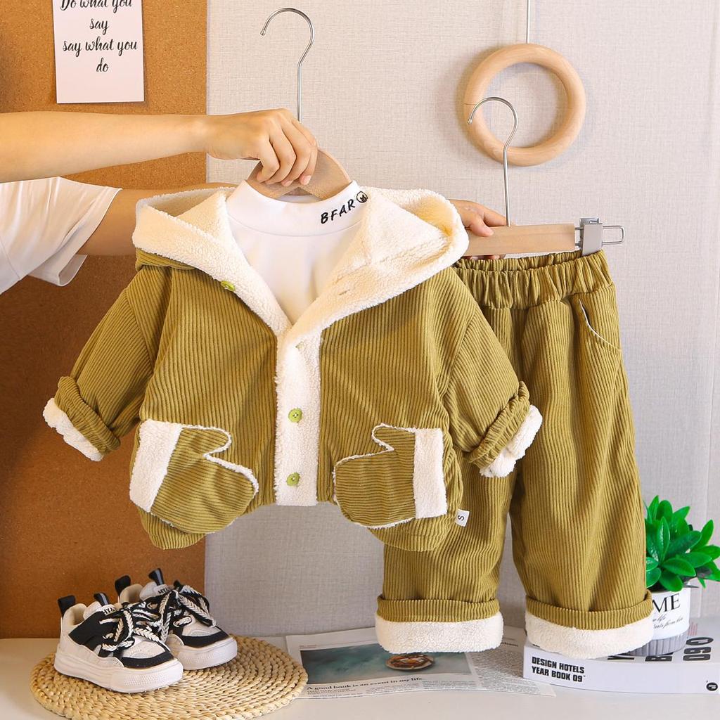Boys' Long Sleeved 3-piece Set, Children's Plush Thick Cotton Suit Set, Cute Clothes for Boys Aged 0-5