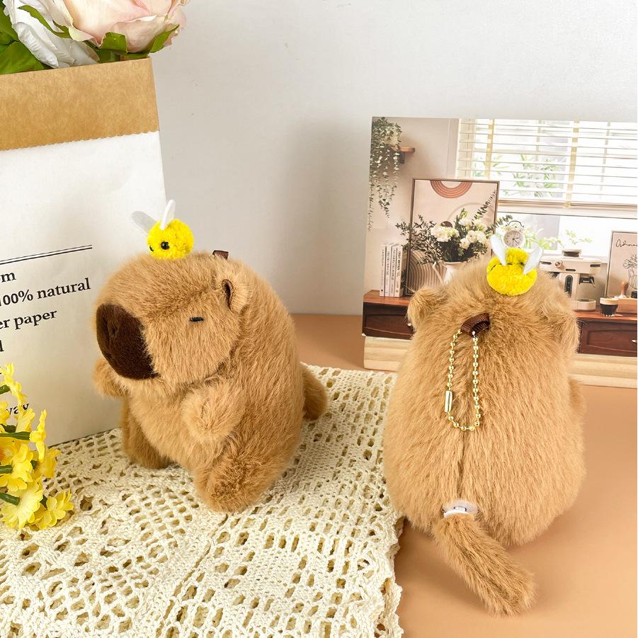 Creative Cute Wagging Tail Bee Kapibala Plush Doll Pull Rope Capybar Toy Bag Pendant Doll