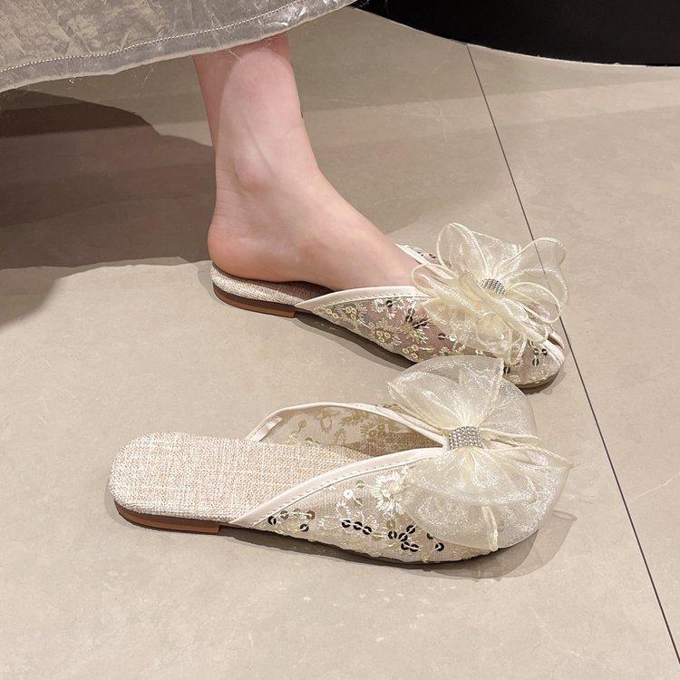 Тапочки из сетчатой ткани Baotou, женские, лето 2024, новые тапочки на плоской подошве с бантом