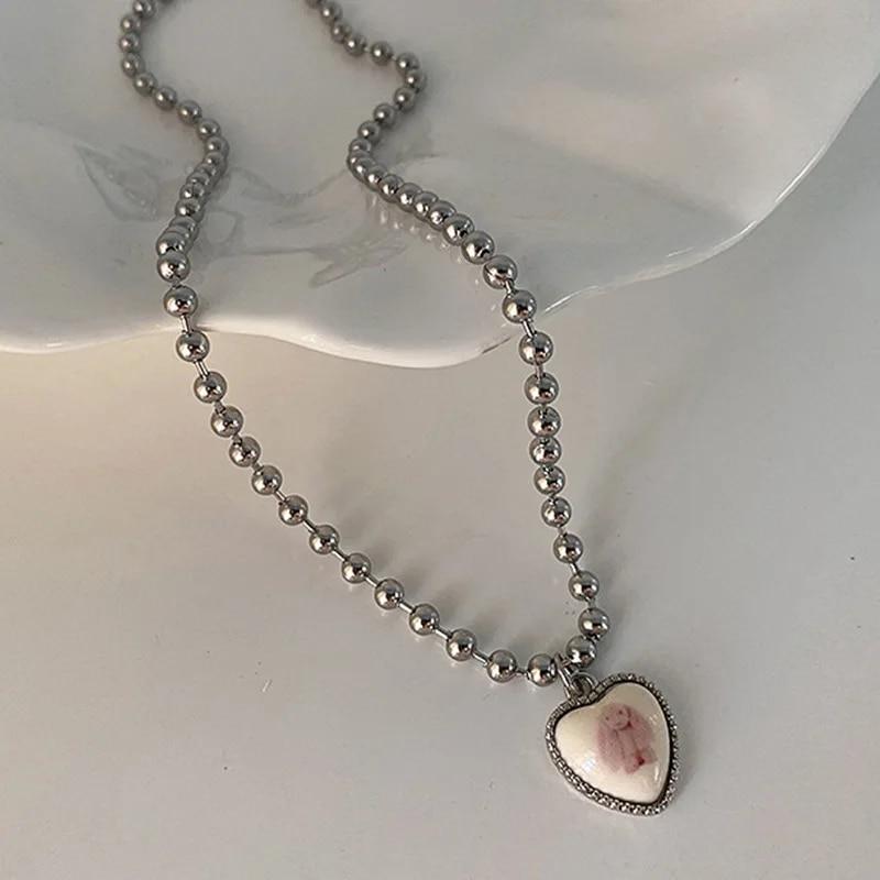 Kpop Cute Heart Pendant Necklace for Girls Women Fashion Kawaii Bear Sweater Neck Chain Aesthetic Jewelry Wholesale