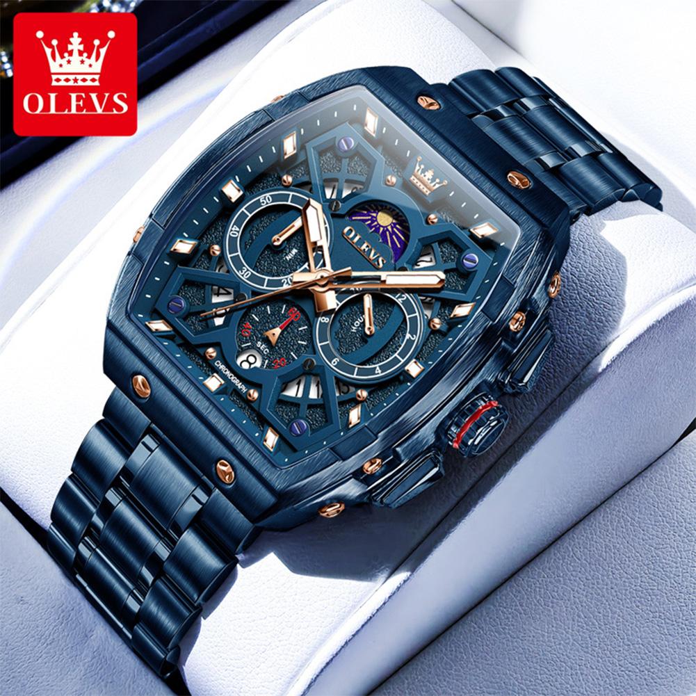 OLEVS Mens Chronograph Watch Original Tonneau Quartz Watch Waterproof Luminous Stainless Steel Watches For Men