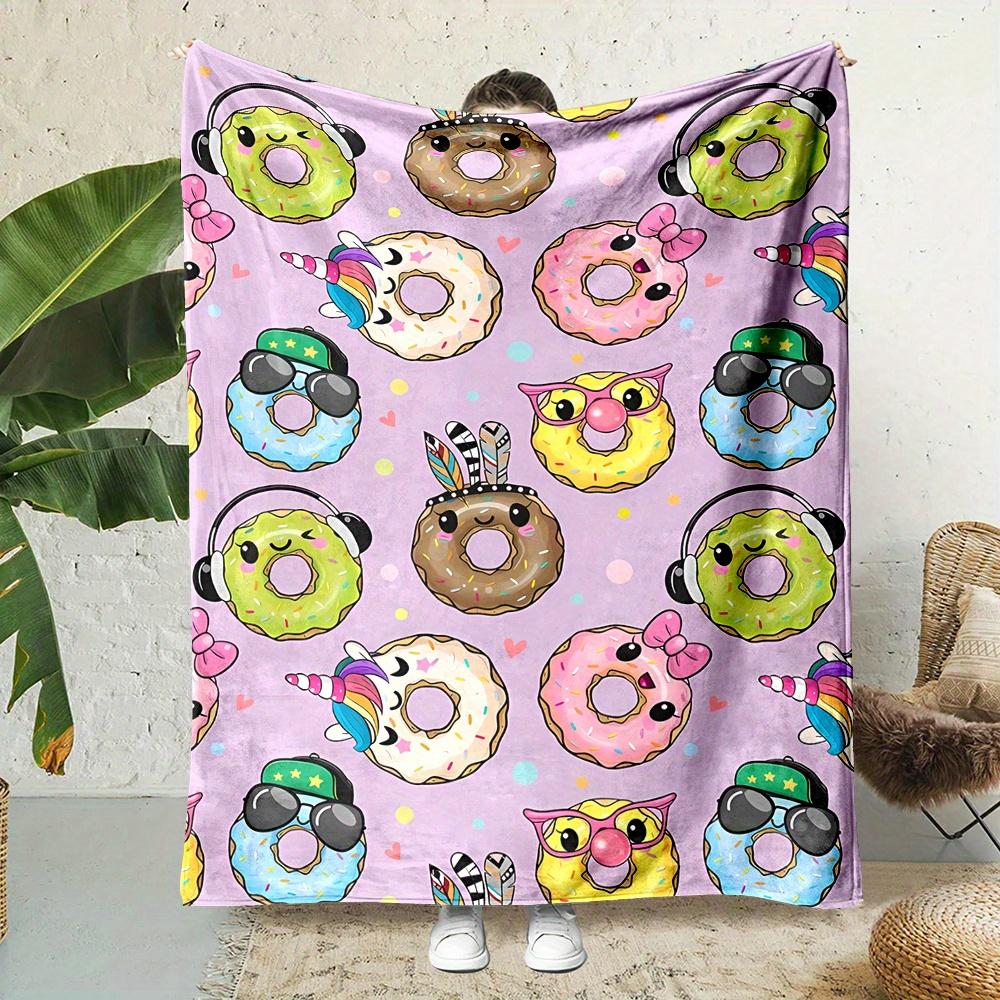 Cartoon Donut Print Flannel Throw Blanket Reversible All Season Soft Durable Office Nap Gift