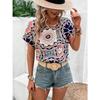 2026 Summer New Fashion Women's Retro Flower Radom Print Blouse Batwing Sleeve V-neck Single Button Casual Vacation Blouse