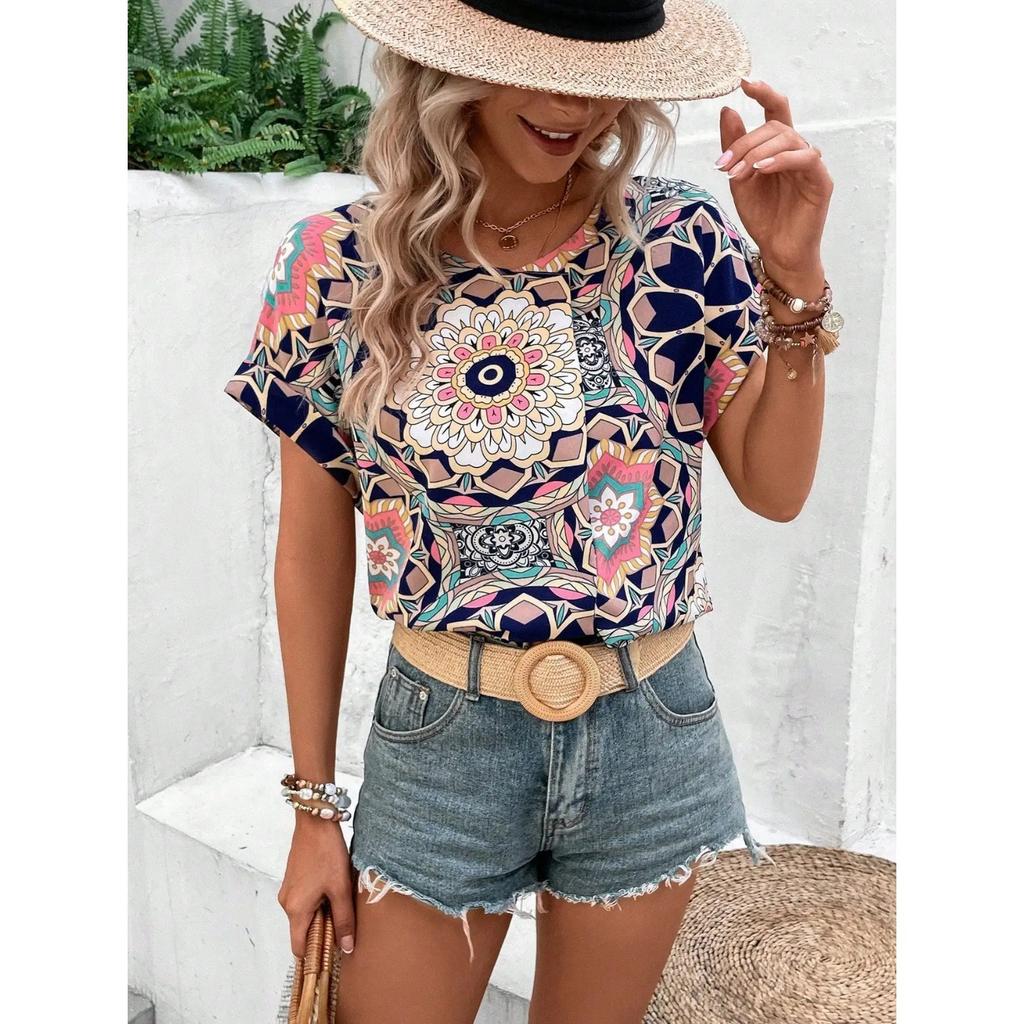 2026 Summer New Fashion Women's Retro Flower Radom Print Blouse Batwing Sleeve V-neck Single Button Casual Vacation Blouse