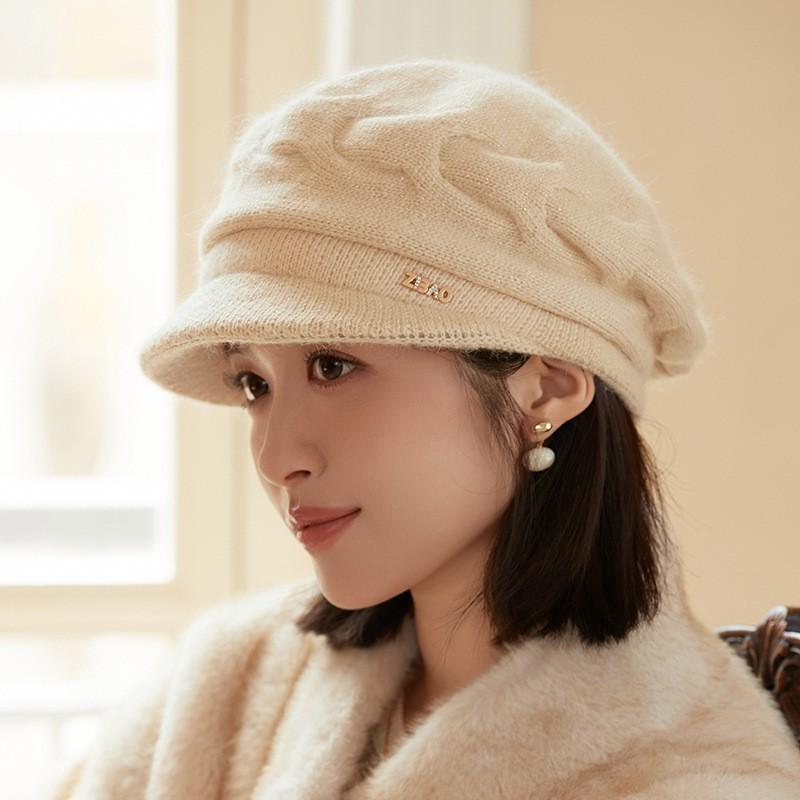 Womens Knitted Wool Blend Beanie Hat With Ear Protection Short Brim Cap Winter Stylish Elegant Warm Windproof