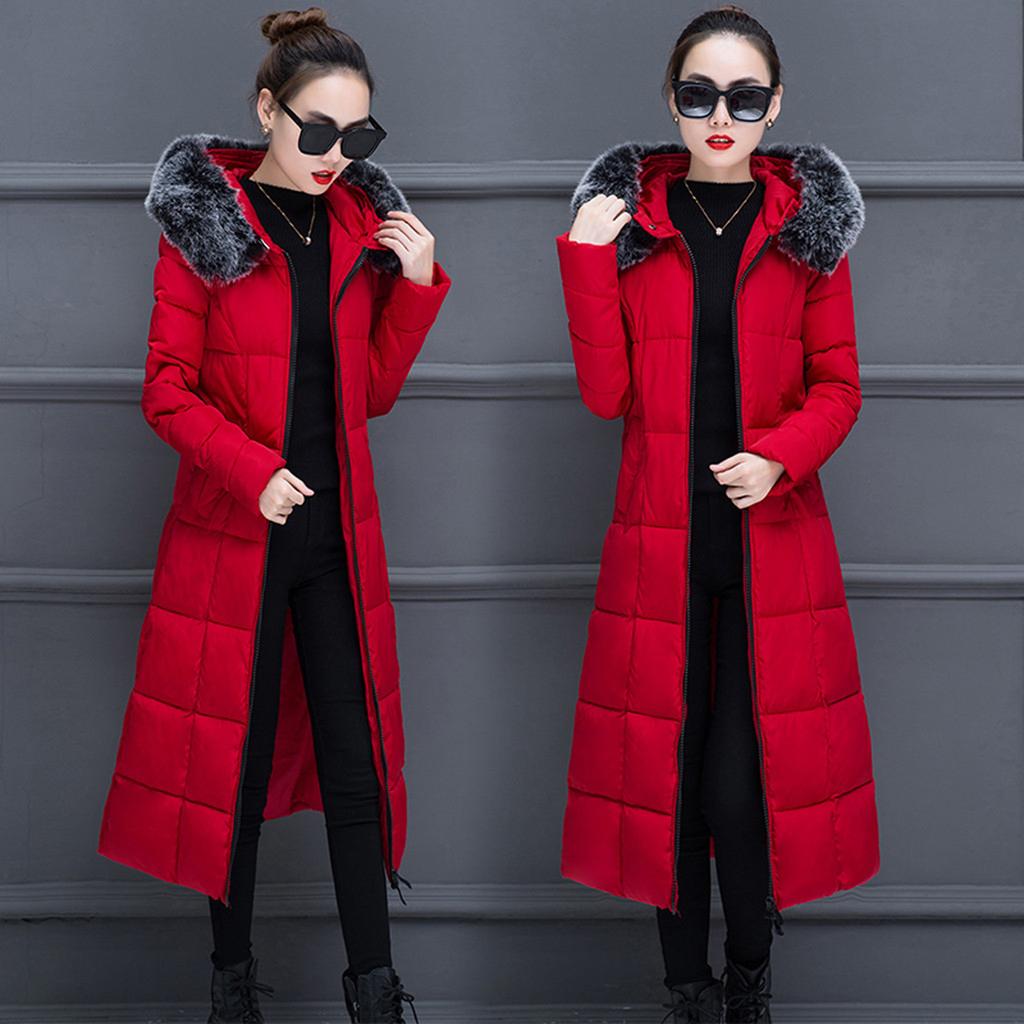 Women Warm Long Coat Faux Collar Hooded Jacket Hot Slim Winter Outwear Coats