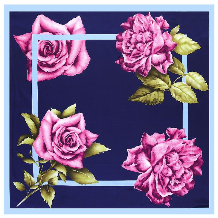 New Fashion Brand Square Scarf For Ladies Rose Flower Print Silk Scarf Women Bandana Large Hijab Female Shawl Scarves Warps