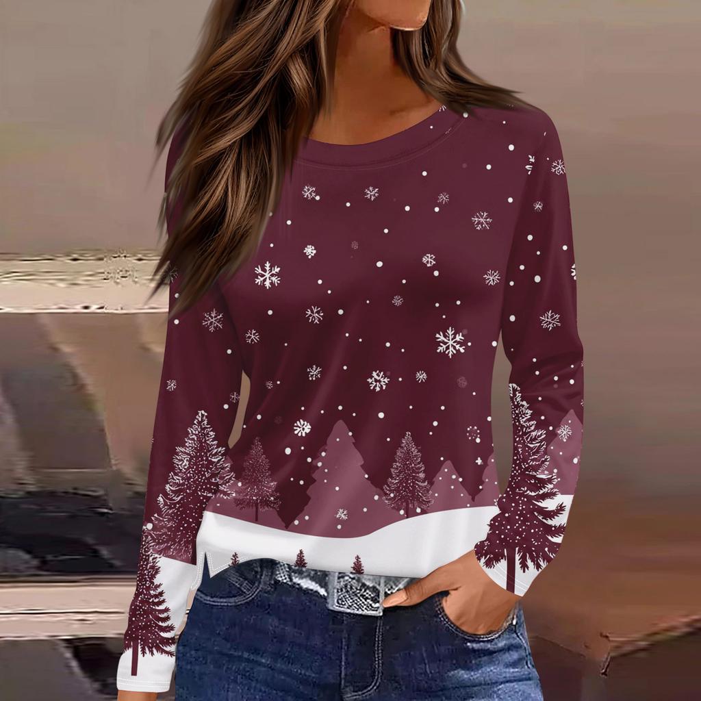 Женская модная повседневная футболка с разрезом по низу, круглым вырезом, длинными рукавами, свободного кроя, с рождественским принтом, женский топ