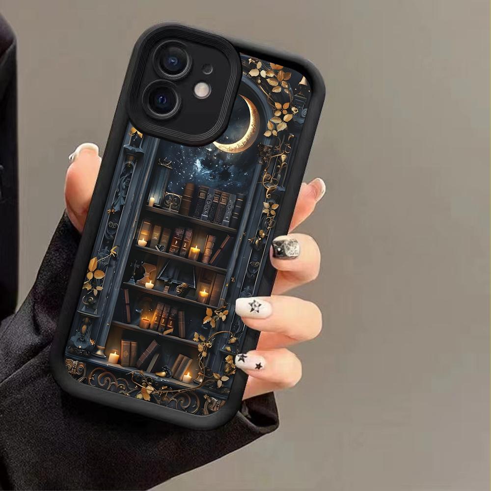 Moon bookshelf pattern mobile phone case suitable for iPhone 17 16 15 14 13 12 11 Pro/ Max /Plus anti-fall and shockproof