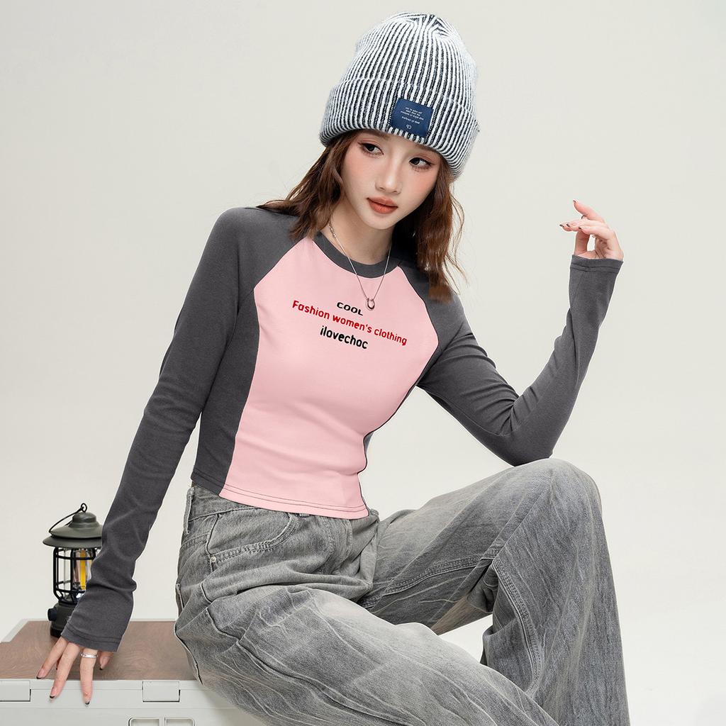 [American style spicy girl contrasting color T-shirt]