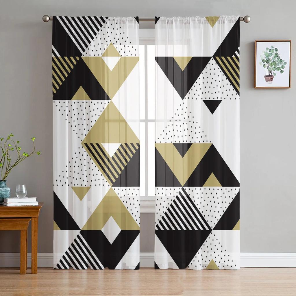 Черно-белые тюлевые шторы с неправильной геометрией для гостиной, спальни, декор, шифоновая прозрачная вуаль, кухонная оконная занавеска