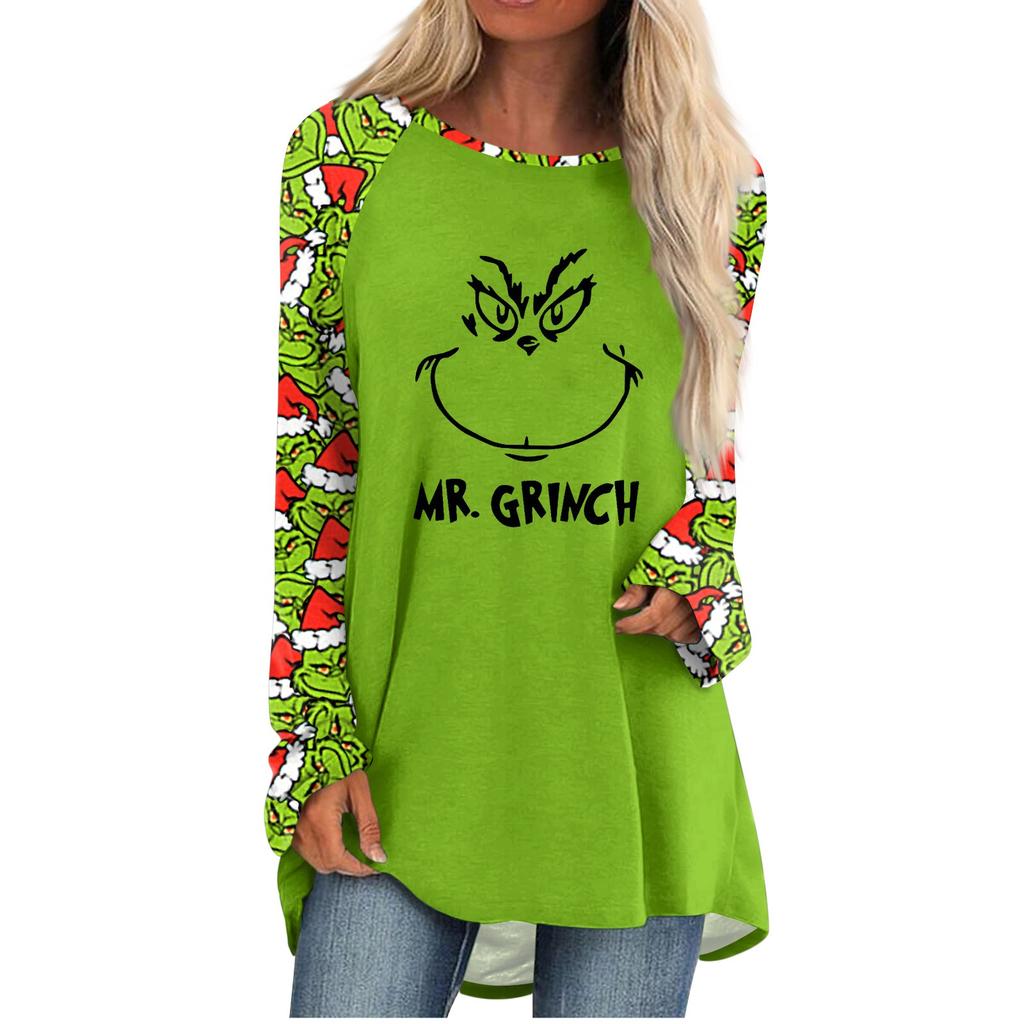 Women's Fashion Casual Long Sleeve Christmas Print Round Neck Pullover Top Blouse