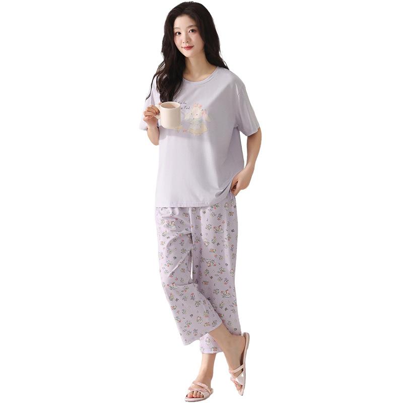 Pajamas women's summer thin Modal cotton short-sleeved cropped pants 1011 new floral loungewear cotton and silk suit