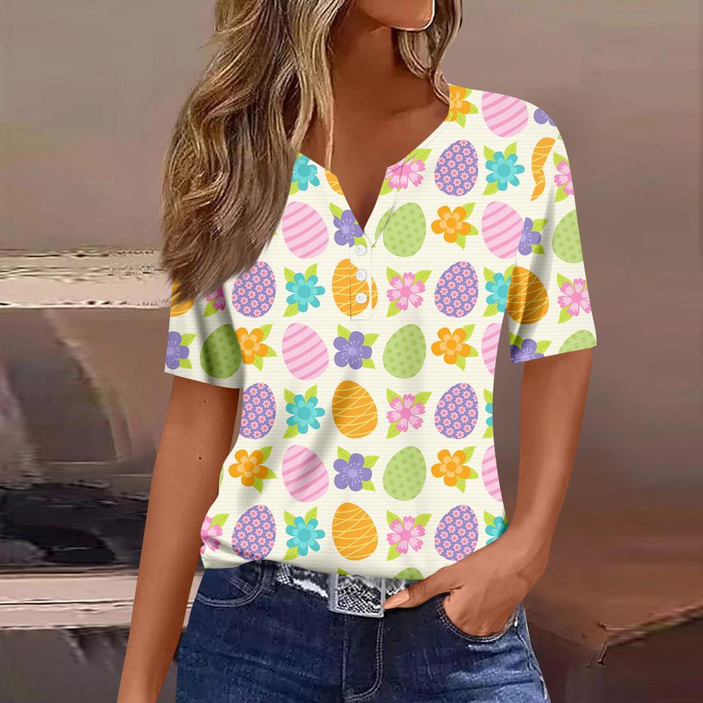 Women's Casual Print V-Neck Short Sleeve Decorative Button T-Shirt Top