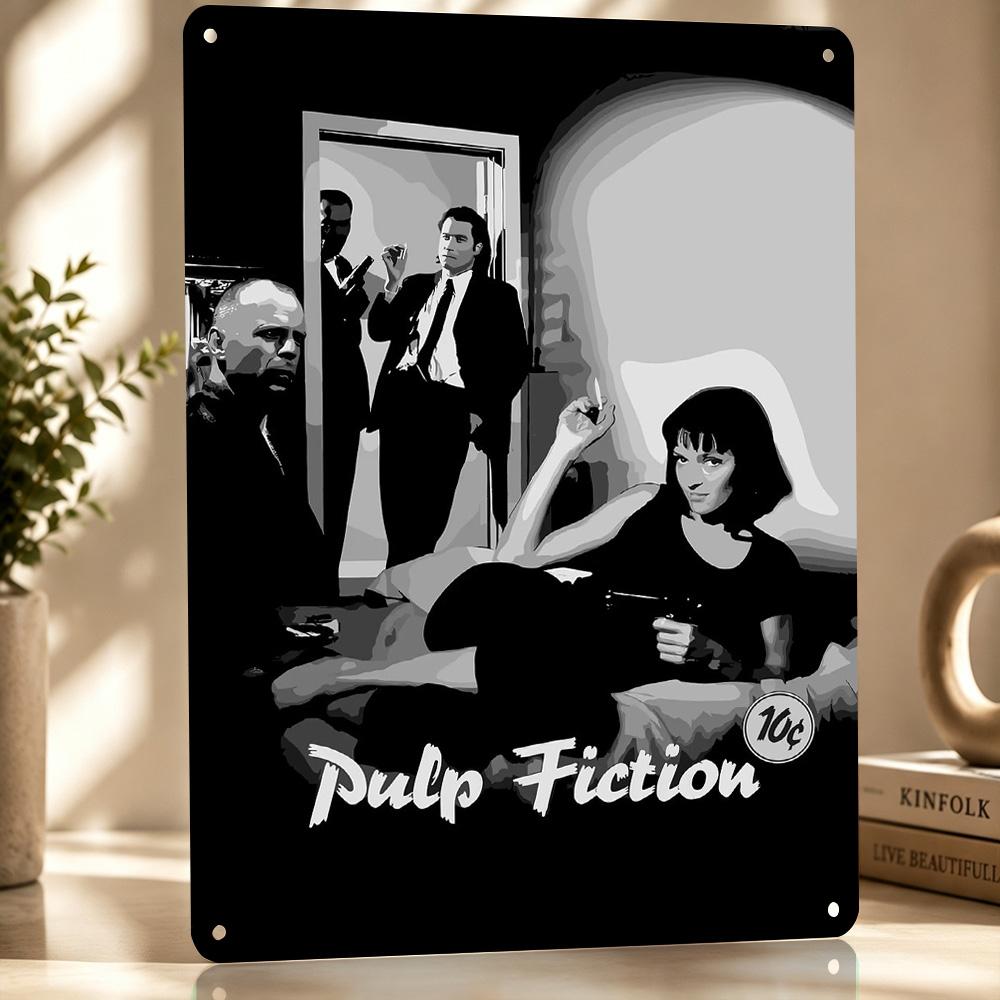 Pulp Fiction Black and White D Printed Texture Poster Personalized Wall Art Retro Metal Tin Signs for Room Decor Wand Deko Home