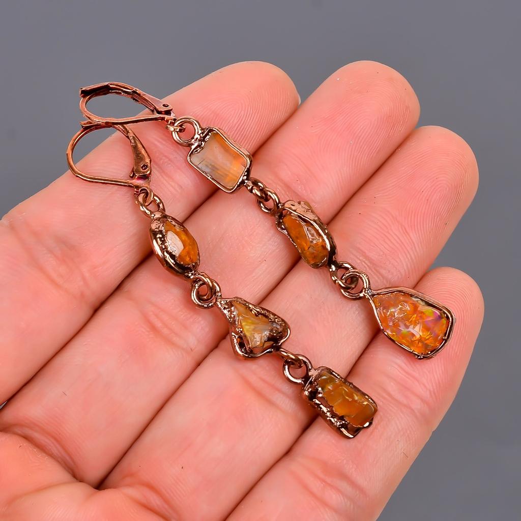 Ethiopian Opal Stone Copper Wife Gift Electroformed Dangle Drop Earrings Jewelry V-102