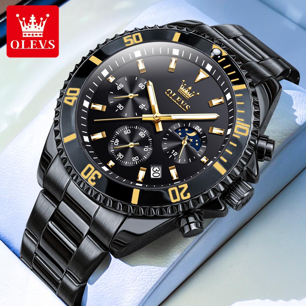 OLEVS Luxury Fashion Men's Watches Fine Steel Chronograph Original Quartz Wristwatch Waterproof Luminous Moon Phase Date 2870