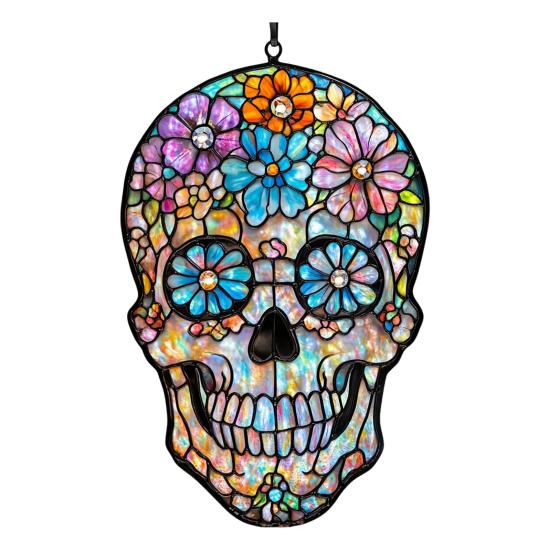 Colorful Skull Suncatcher Sun Catcher Skull Light Trap Window Hanging Decoration with Rhinestones Flowers Butterflies Unique Gothic Boho Decor Gift