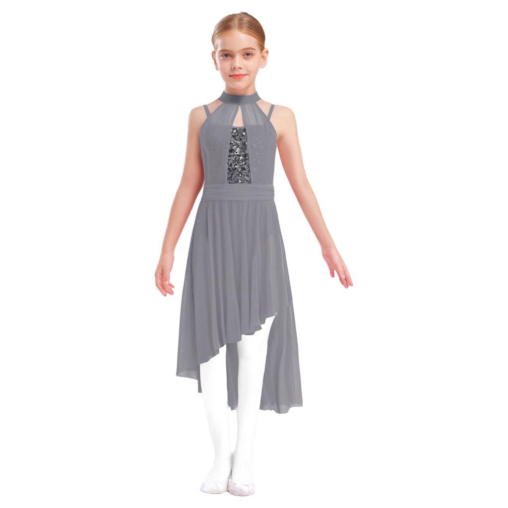 Girls Lyrical Performance Costume Shiny Sequins Sleeveless Asymmetrical Dance Dress with Sheer Mesh Skirt