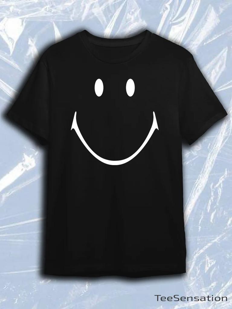 TeeSensation Black Crew Neck Short Sleeve T-Shirt with White Simple Smiley Face Print