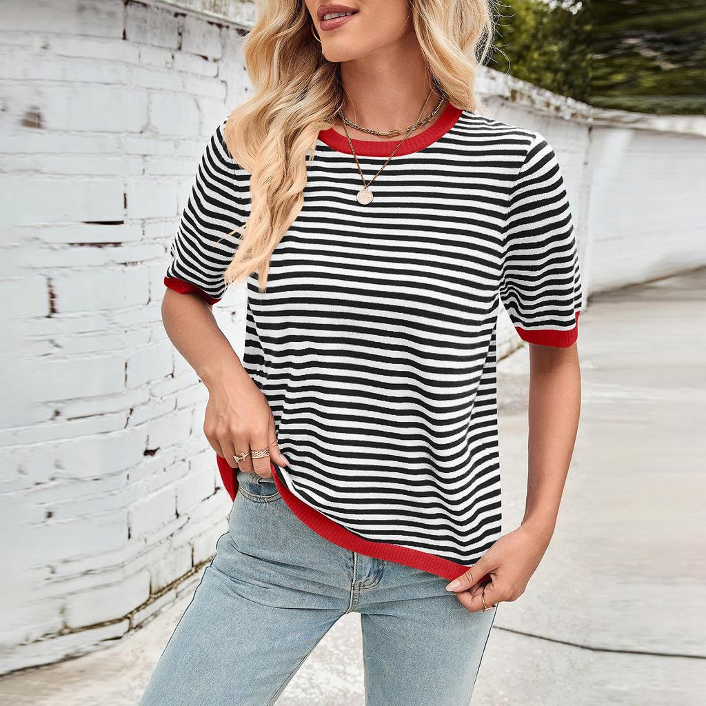 Женская мода весна-лето повседневный полосатый подходящие цвета круглый вырез трикотажный короткий рукав джемпер топ