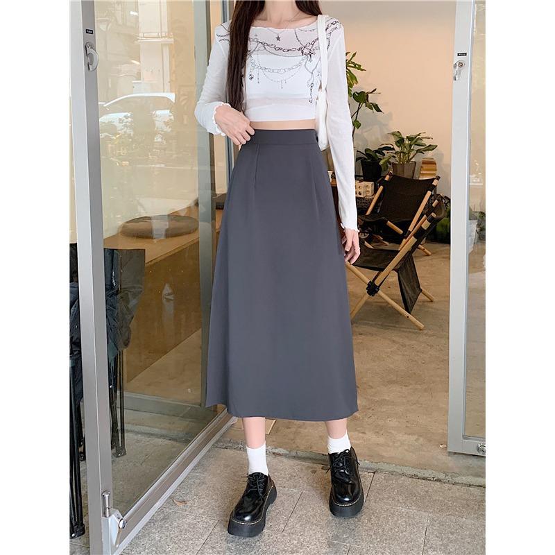2024 Women's French-Style Midi Skirt - Black High Waist A-Line Pencil Skirt