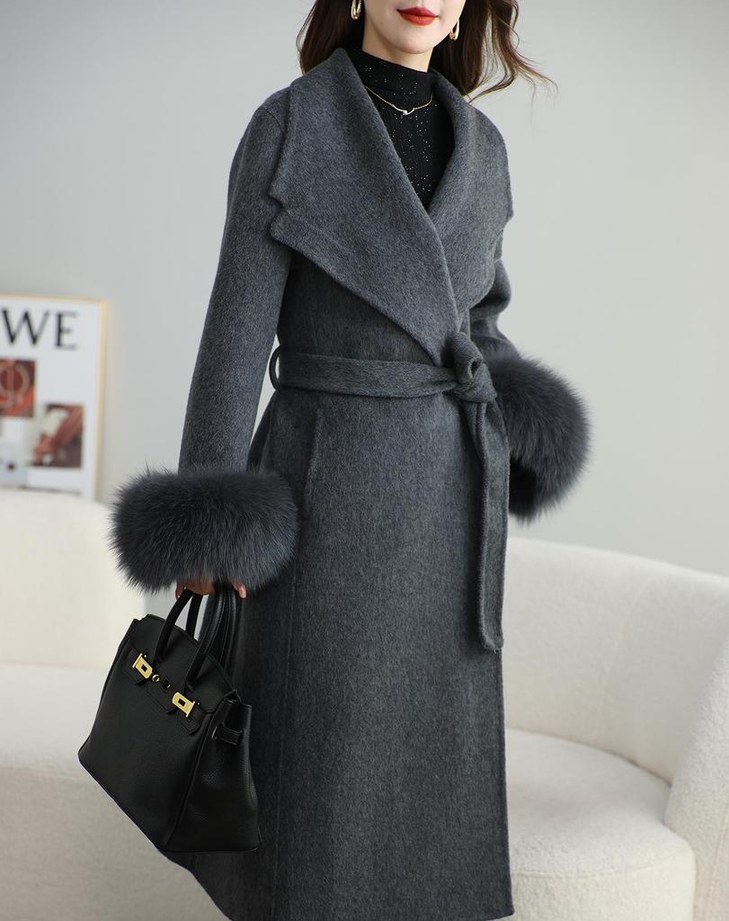 2025 Women's French Double-Faced Wool Coat with Cashmere & Real Fox Fur