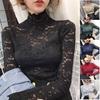 Half High Collar Long Sleeves See-Through Autumn Top Slim Lace Crochet Patchwork Hollow Tee Top Streetwear
