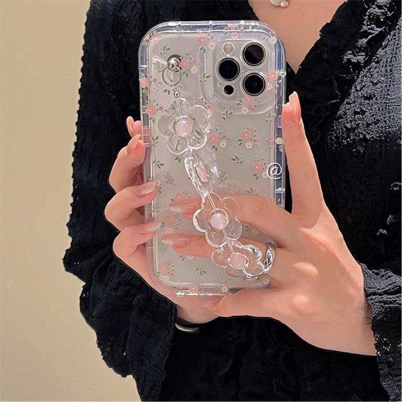 Cute 3D Flower Wrist Phone Chain Soft Phone Case For Iphone 15 14 12 13 11 Pro Max Plus Pink Flower Clear Lens Protective Cover