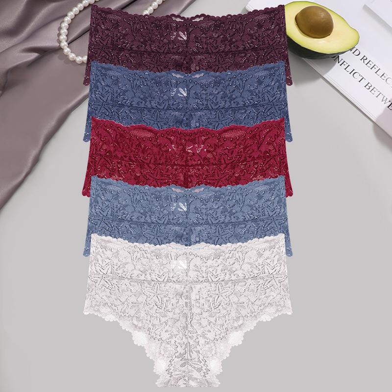5Pcs/Set Sexy Floral Lace Panties Women Briefs Low Waist Soft Lingerie Comfortable Female Underwears Girls Intimates Panties