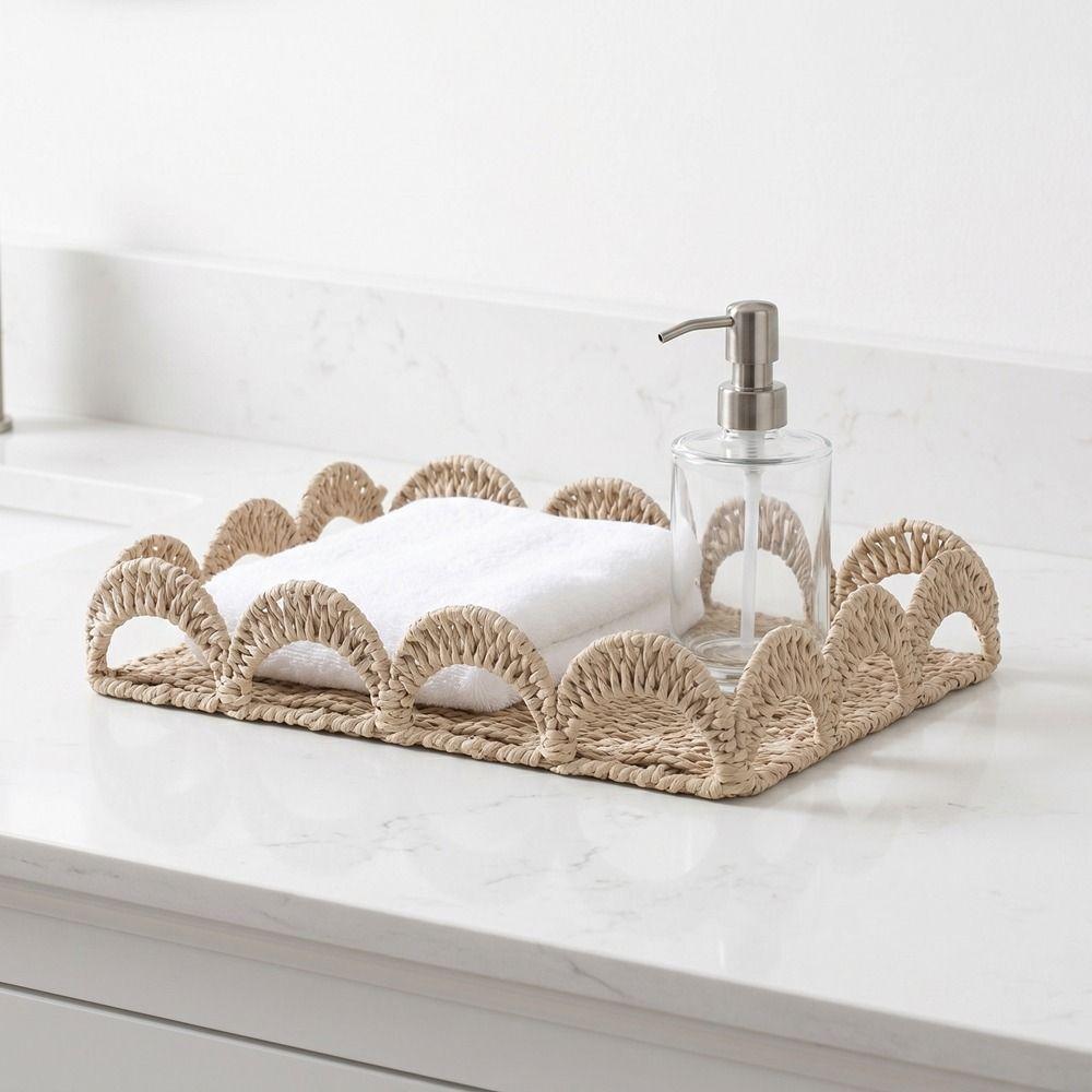 Scalloped Edge Handwoven Storage Basket Rectangular Fruit Basket Desktop Organizer Bedroom