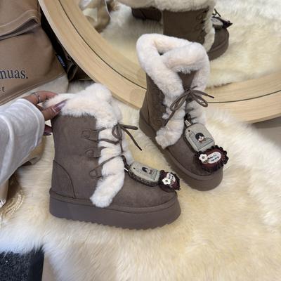Взрыв популярности интернет-знаменитости полусапоги на толстой подошве женские 2025 новый зимний набивной утолщенный теплый пушистый хлопок для Северо-Востока