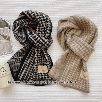 Женский шерстяной шарф в корейском стиле с узором «гусиная лапка» — теплый и универсальный для осени/зимы