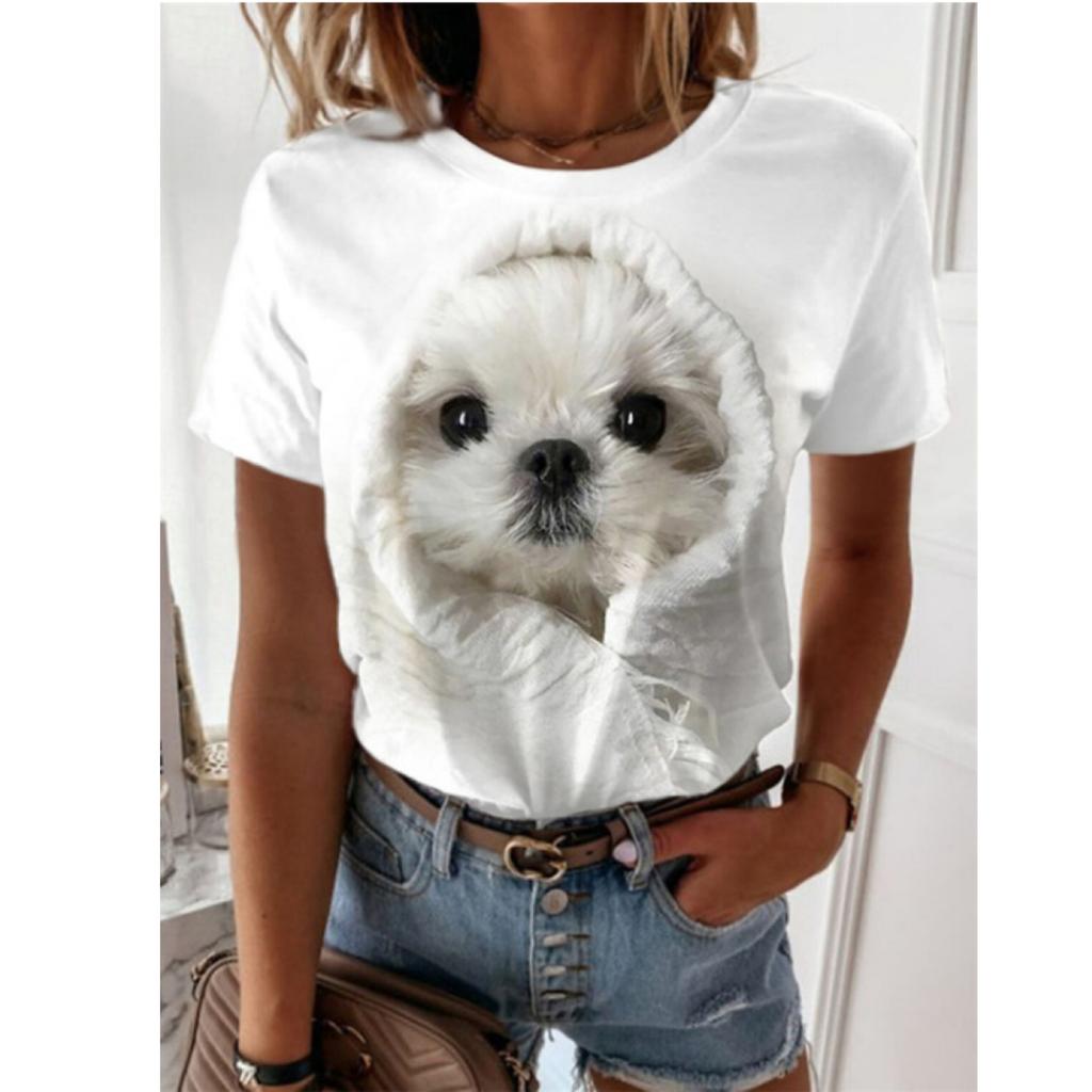 Женская летняя футболка с круглым вырезом и коротким рукавом с рисунком забавной собаки, весна-лето, повседневный вязаный свитер с короткими рукавами, женский