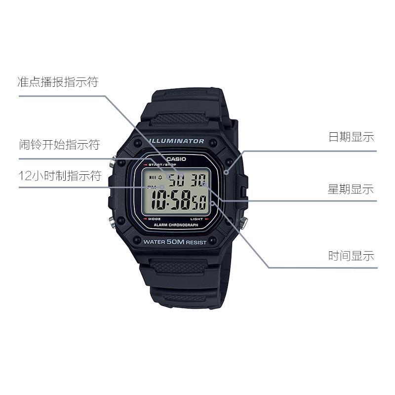 Casio Серия YOUTH - силиконовый маленький квадрат, ретро маленький квадрат, черный воин, цифровой дисплей, кварцевый механизм, полимерный ремешок, японский и W-218H-1A